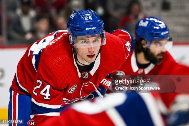 Montreal Canadiens center Tyler Pitlick waits for a face-off during the Boston Bruins versus the Montreal Canadiens game on April 24, 2022 at Bell...