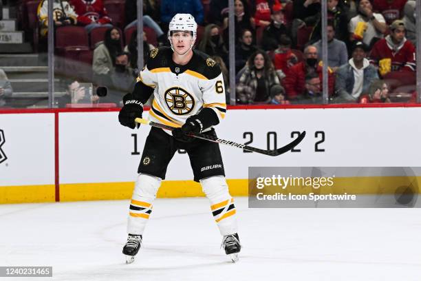 Boston Bruins defenceman Mike Reilly tracks the play during the Boston Bruins versus the Montreal Canadiens game on April 24, 2022 at Bell Centre in...