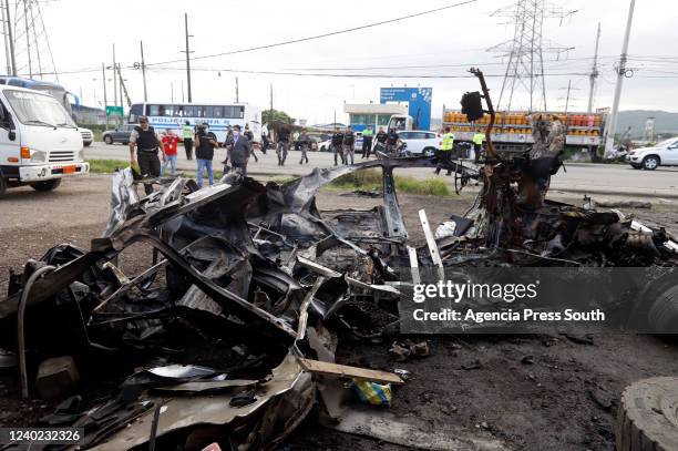 Wreckege of a car after a suspected car bomb exploded this morning outside "La Roca" prison on April 25, 2022 in Guayaquil, Ecuador. The cause of the...