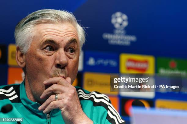 Real Madrid manager Carlo Ancelotti during a press conference at the Etihad Stadium, Manchester. Picture date: Monday April 25, 2022.