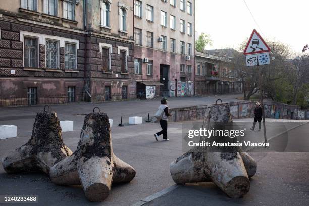 Barricades are seen on the road on April 25, 2022 in Odessa, Ukraine. Ukrainian forces, as well as civilian Odessans, remain on guard against a...