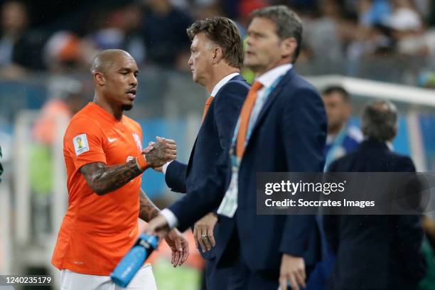 Nigel de Jong of Holland, coach Louis van Gaal of Holland during the World Cup match between Argentina v Holland on July 9, 2014