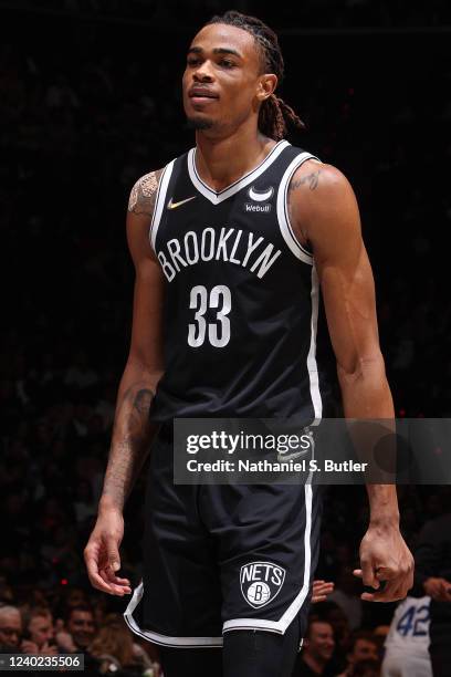 Nicolas Claxton of the Brooklyn Nets looks on during Round 1 Game 3 of the 2022 NBA Playoffs on April 23, 2022 at Barclays Center in Brooklyn, New...