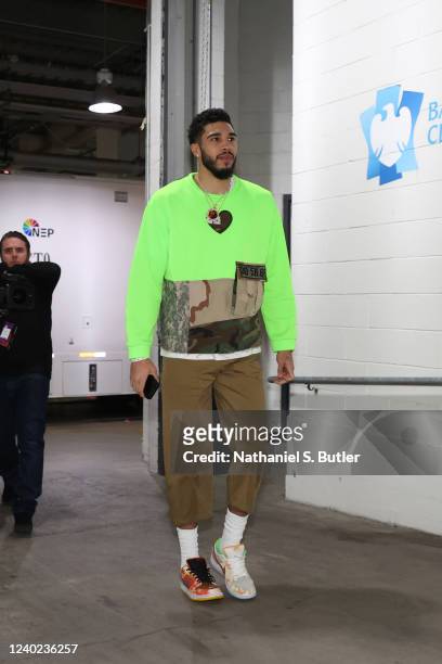 Jayson Tatum of the Boston Celtics arrives to the arena before the game against the Brooklyn Nets during Round 1 Game 4 of the 2022 NBA Playoffs on...