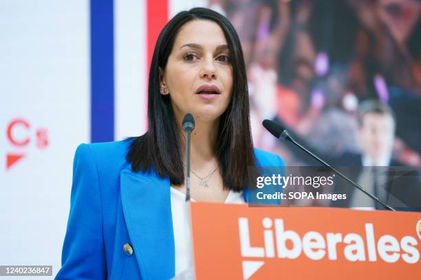 The leader of Ciudadanos party, Ines Arrimadas, speaks during a meeting of the Executive of Ciudadanos, at the National Headquarters of Cs, in Madrid.