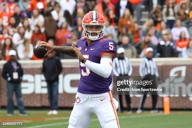 Clemson quarterback DJ Uiagalelei during the annual Clemson Orange and White Spring football game on April 9, 2022 at Clemson Memorial Stadium in...