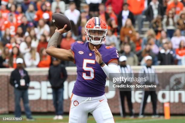 Clemson quarterback DJ Uiagalelei during the annual Clemson Orange and White Spring football game on April 9, 2022 at Clemson Memorial Stadium in...