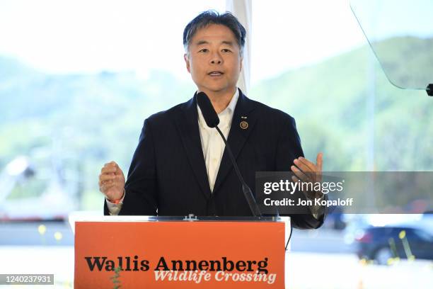 Congressman Ted Lieu speaks at the Wallis Annenberg Wildlife Crossing Groundbreaking Celebration on April 22, 2022 in Agoura Hills, California.