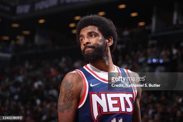 Kyrie Irving of the Brooklyn Nets looks on during Round 1 Game 4 of the 2022 NBA Playoffs on April 25, 2022 at Barclays Center in Brooklyn, New York....
