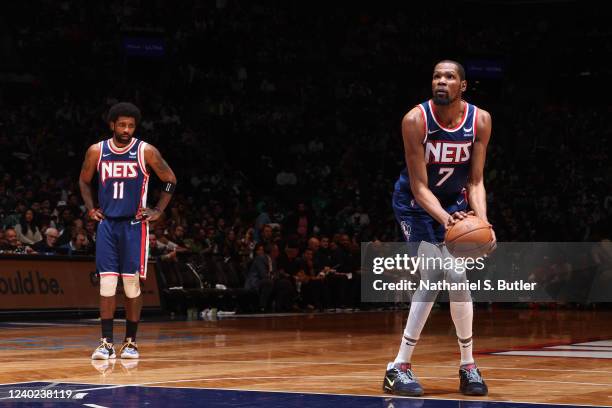 Kevin Durant of the Brooklyn Nets shoots a free throw against the Boston Celtics during Round 1 Game 4 of the 2022 NBA Playoffs on April 25, 2022 at...