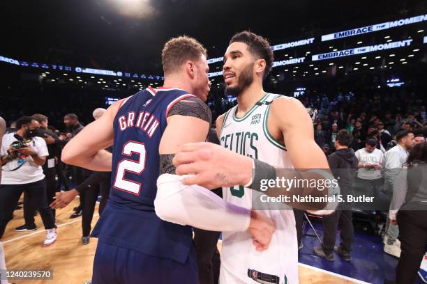 Blake Griffin of the Brooklyn Nets talks to Jayson Tatum of the Boston Celtics after Round 1 Game 4 of the 2022 NBA Playoffs on April 25, 2022 at...