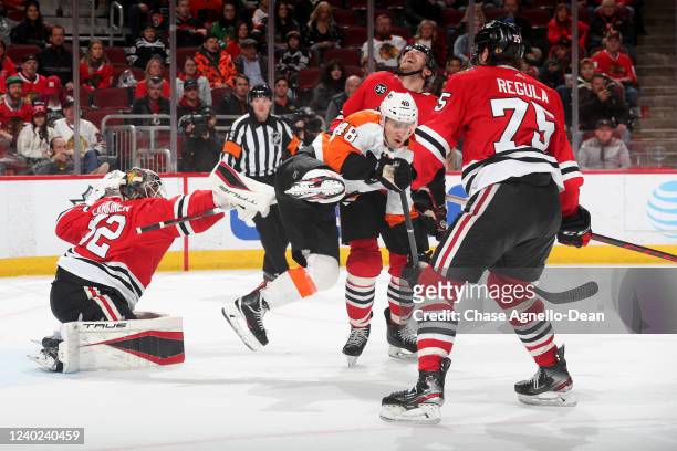 Morgan Frost of the Philadelphia Flyers jumps in the air against the Chicago Blackhawks in the third period at United Center on April 25, 2022 in...
