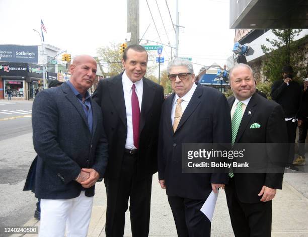 Sid Rosenberg, Chazz Palminteri, Vincent Pastore and Bo Dietl on the set of "Gravesend" filming by Michael's on April 25, 2022 in Brooklyn, New York.