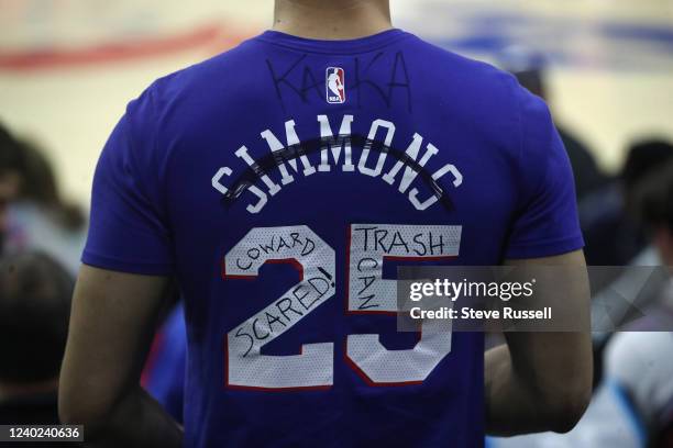 Philadelphia 76ers fan wears a Ben Simmons t-shirt that has been modified as the Toronto Raptors beat the Philadelphia 76ers 103-88 in Game 5 at...