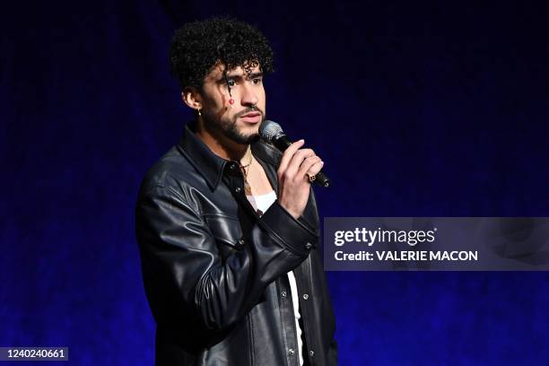 Puerto Rican rapper Benito Antonio Martinez Ocasio, aka Bad Bunny, speaks during Sony Pictures Entertainment exclusive presentation of its upcoming...