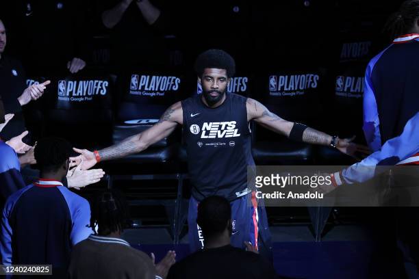 Kyrie Irving of Brooklyn Nets enters the court ahead of NBA playoffs game between Brooklyn Nets and Boston Celtics at the Barclays Center in Brooklyn...