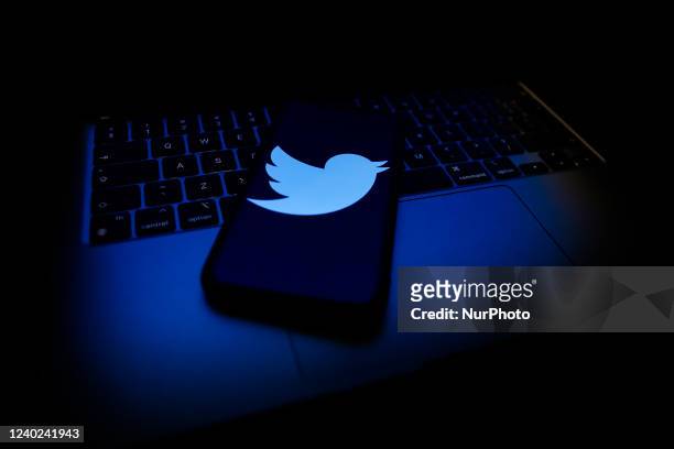 Twitter logo displayed on a phone screen and a keyboard are seen in this illustration photo taken in Krakow, Poland on April 26, 2022.