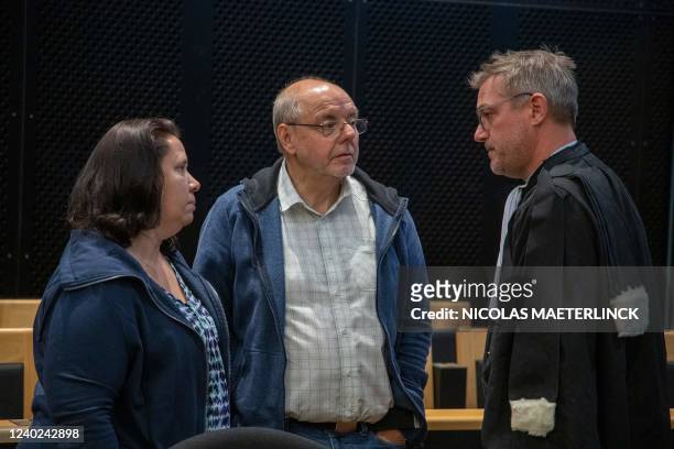The accused Sylvia Boigelot and Christian Van Eyken and a lawyer pictured during the arrest session in the case of former politician Van Eyken and...