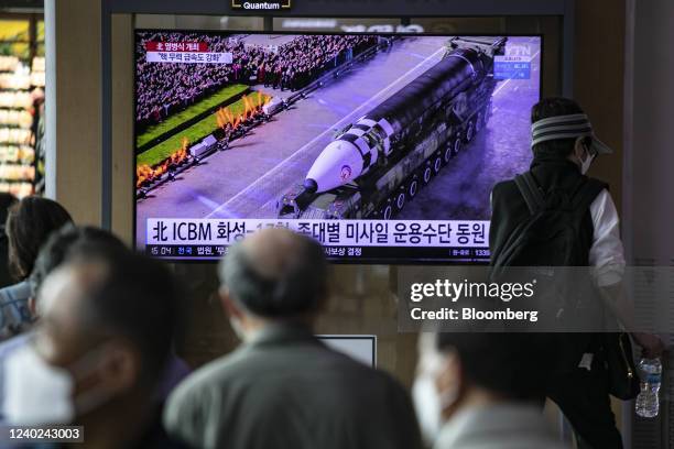 News broadcast of North Korean military parade, held Monday in Pyongyang, on a TV screen at Seoul Station in Seoul, South Korea, on Tuesday, April...