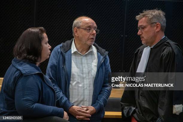 The accused Sylvia Boigelot and Christian Van Eyken and a lawyer pictured during the arrest session in the case of former politician Van Eyken and...