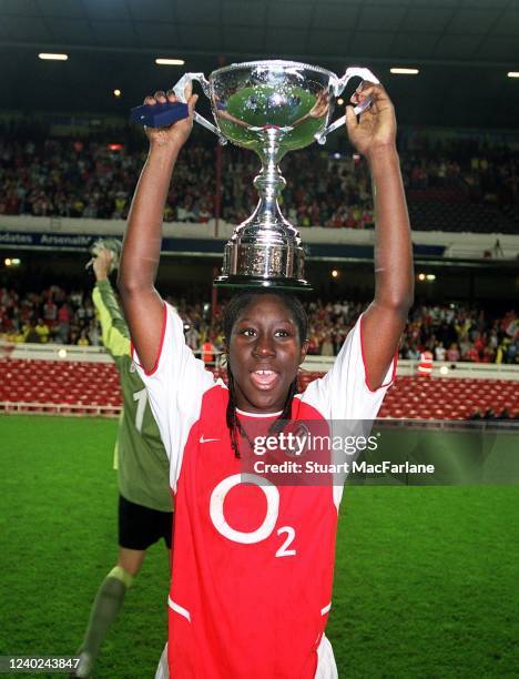 Anita Asante of Arsenal poses with the Premier League Trophy after the Women's Premier League match between Arsenal Ladies and Fulham Ladies at...