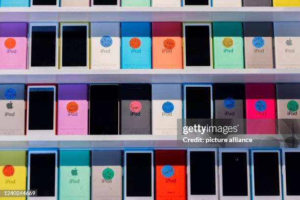 April 2022, North Rhine-Westphalia, Cologne: Various Apple iPods - each with a different style of music - are on display at the press preview ahead...