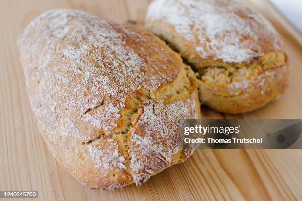 Freshly baked wheat bread lies on a board on April 26, 2022 in Berlin, Germany.