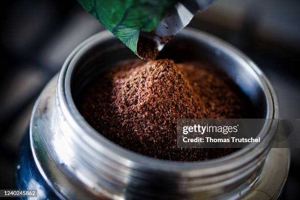 Symbolic photo on the subject of coffee. Ground coffee lies in an espresso machine on April 26, 2022 in Berlin, Germany.