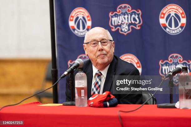 Mike Thibault talks to the media during an introductory press conference for Rui Machida of the Washington Mystics on April 25, 2022 at Entertainment...