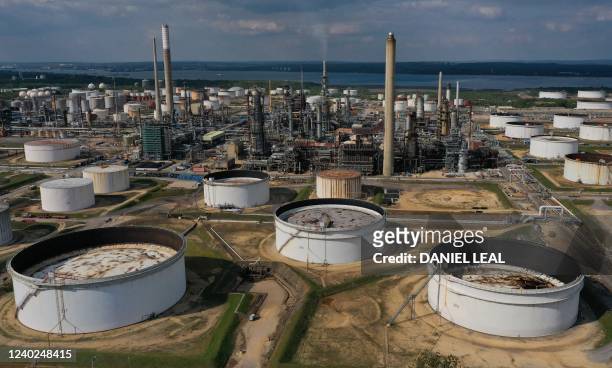 Photograph taken on April 24, 2022 shows an aerial view of the Fawley Refinery , the biggest oils refinery in the UK processing 16 million tonnes per...