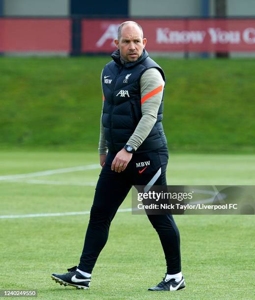 Manager Marc Bridge-Wilkinson of Liverpool at AXA Training Centre on April 26, 2022 in Kirkby, England.