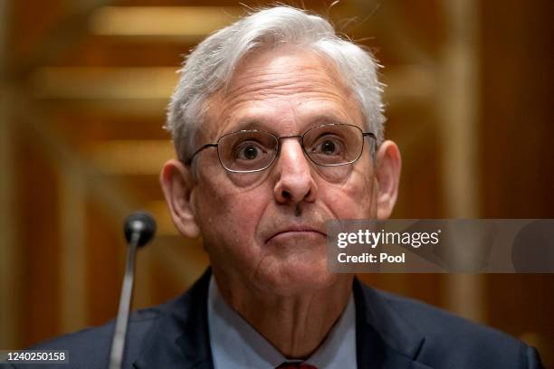 Attorney General Merrick Garland testifies during a Senate Appropriations Subcommittee on Commerce, Justice, Science, and Related Agencies hearing to...