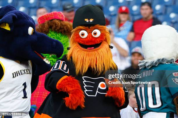 Philadelphia Flyers mascot Gritty on the field prior to the Major League Baseball game between the Philadelphia Phillies and the Milwaukee Brewers on...