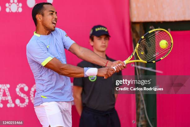 Hugo Dellien from Bolivia compete against Jiri Vesely from Czech Republic during Millennium Estoril Open ATP 250 tennis tournament, at the Clube de...