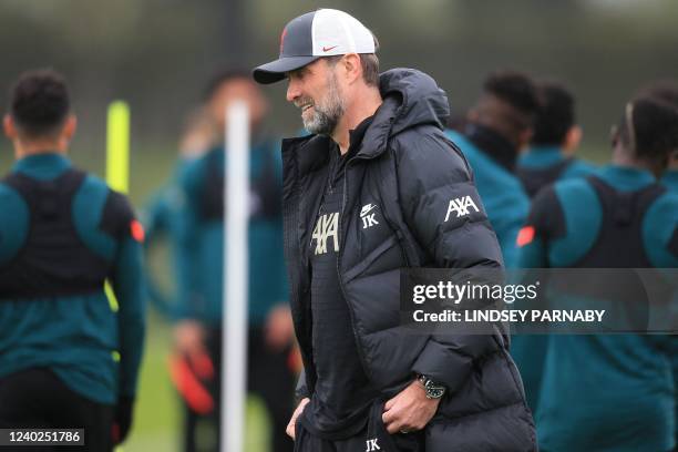 Liverpool's German manager Jurgen Klopp attends a team training session at Anfield Stadium in Liverpool, north west England, on April 26 on the eve...