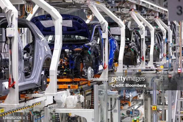 The bodies of Volkswagen AG ID.3 electric vehicles on the assembly line at the automaker's electric automobile plant in Zwickau, Germany, on Tuesday,...