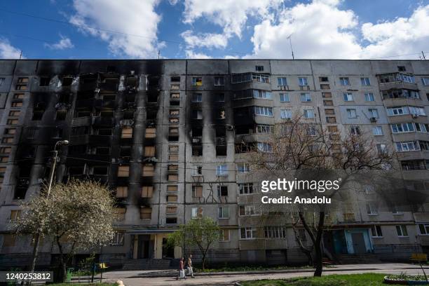 Damaged building is seen in Kharkiv, Ukraine on April 26, 2022.