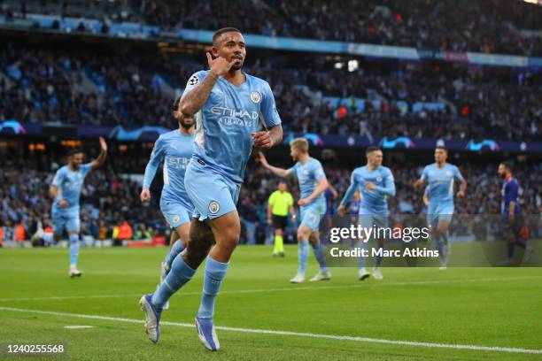 Gabriel Jesus of Manchester City celebrates scoring their 2nd goal during the UEFA Champions League Semi Final Leg One match between Manchester City...