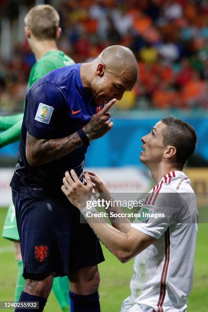 Nigel de Jong of Holland talks to Fernando Torres of Spain after his diving act during the World Cup match between Spain v Holland on June 13, 2014