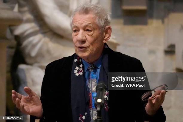 British actor Sir Ian McKellen speaks during a service to dedicate a memorial stone to actor Sir John Gielgud in Poets' Corner at Westminster Abbey...