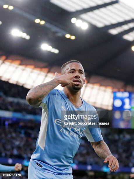 Gabriel Jesus of Manchester City celebrates 2-0 during the UEFA Champions League match between Manchester City v Real Madrid at the Etihad Stadium on...