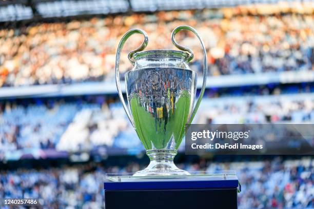 The UEFA Champions League Trophy during the UEFA Champions League Semi Final Leg One match between Manchester City and Real Madrid at City of...