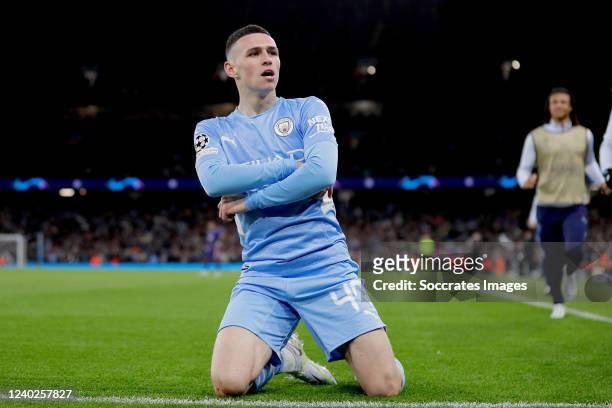 Phil Foden of Manchester City celebrates 3-1 during the UEFA Champions League match between Manchester City v Real Madrid at the Etihad Stadium on...
