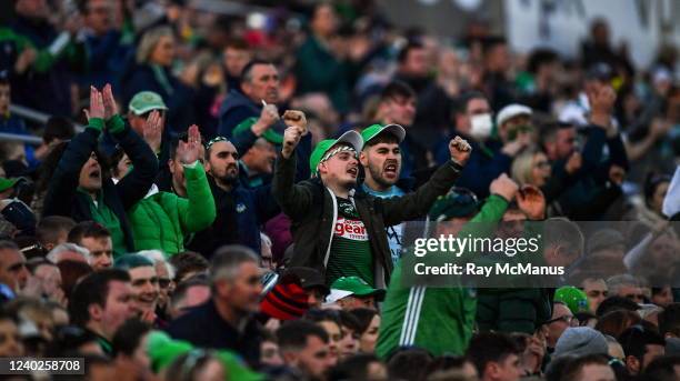 Limerick , Ireland - 23 April 2022; Limerick supporters celebrate a score during the Munster GAA Hurling Senior Championship Round 2 match between...