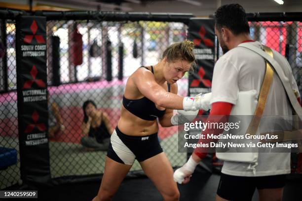 Glendale, CA UFC Bantamweight Champion Ronda Rousey works with coach Edmond Tarverdyan at the Glendale Fighting Club in Glendale, CA. Saturday, July...