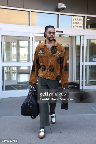 Angelo Russell of the Minnesota Timberwolves departs from a hotel before arriving at the arena for the game against the Memphis Grizzlies during...