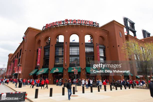General view of the exterior of Busch Stadium during the game between the Pittsburgh Pirates and the St. Louis Cardinals at Busch Stadium on...