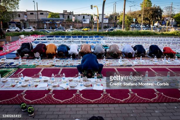 Muslims pray during the holy fasting month of Ramadan on April 26, 2022 in Rome, Italy. Muslims attend prayer for the holy fasting month of Ramadan...