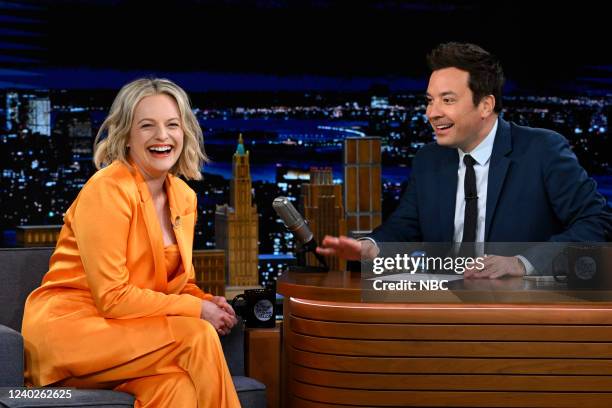 Episode 1640 -- Pictured: Actress Elisabeth Moss during an interview with host Jimmy Fallon on Tuesday, April 26, 2022 --