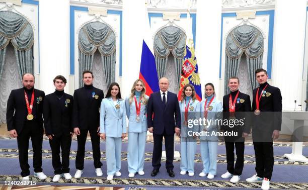 Russian President Vladimir Putin hosts Russian athletes at an awards ceremony for the Beijing 2022 Winter Olympic Games medal winners at the Kremlin...
